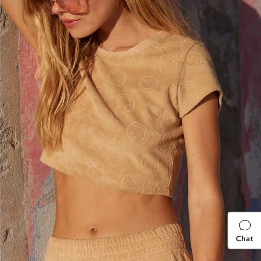 Aerie Offline Tan Brown Terrycloth Cropped Smiley Face Tee
